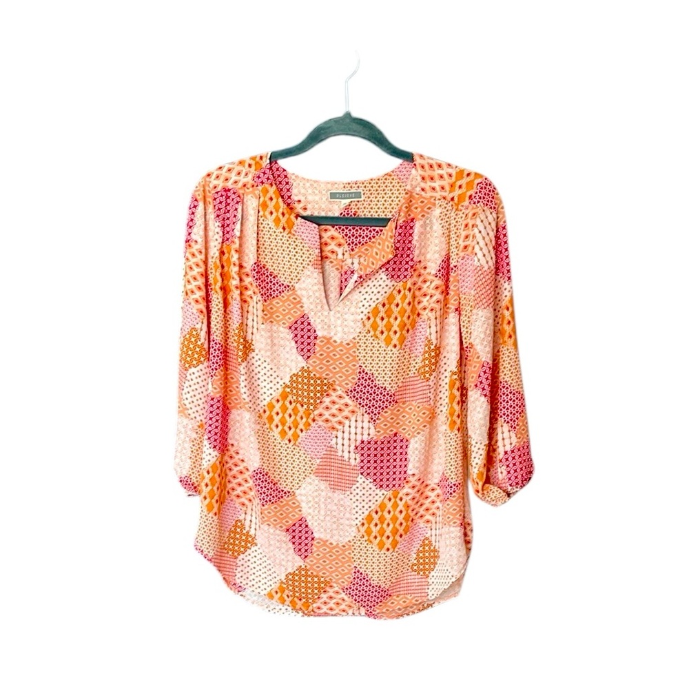 PLEIONE blouse in shades of pink/orange…3/4 slv…Sz M with measurements in photos